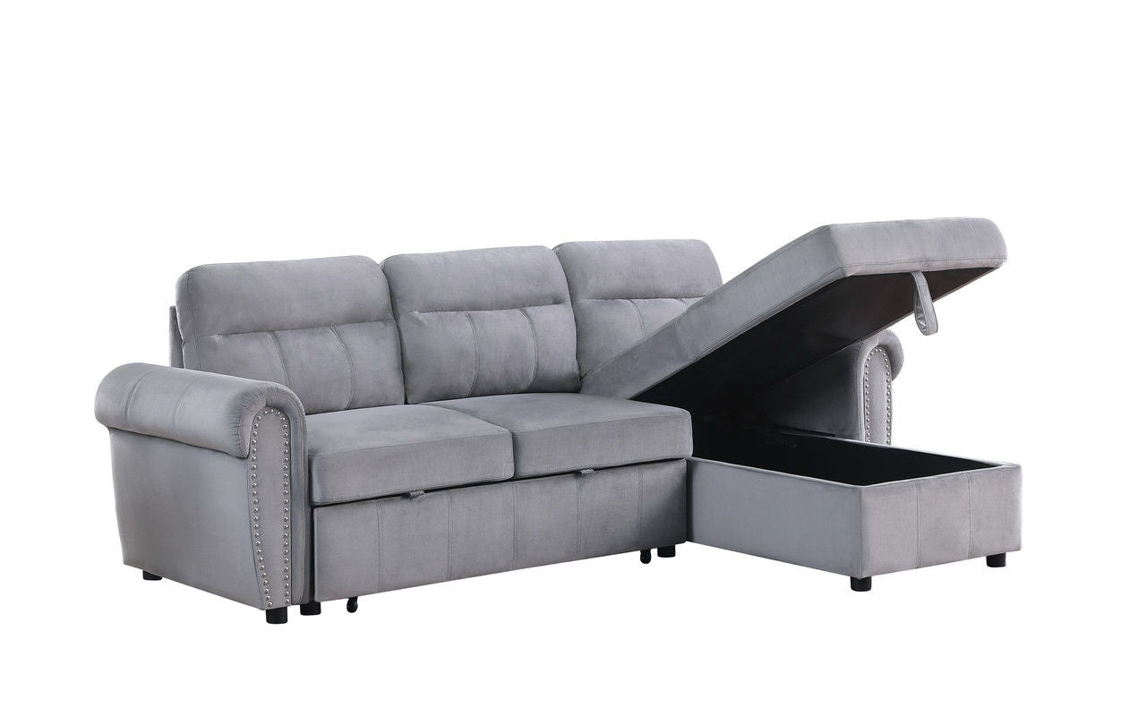 Ashton - Velvet Fabric Reversible Sleeper Sectional Sofa Chaise - Gray