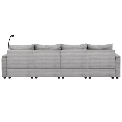Modern Style 4 - Seater Sofa Sectional Sofa Couch With Storage Space, Two Movable Ottomans, Two USB Ports, Two Cup Holders, A Phone Holder For Living Room - Gray