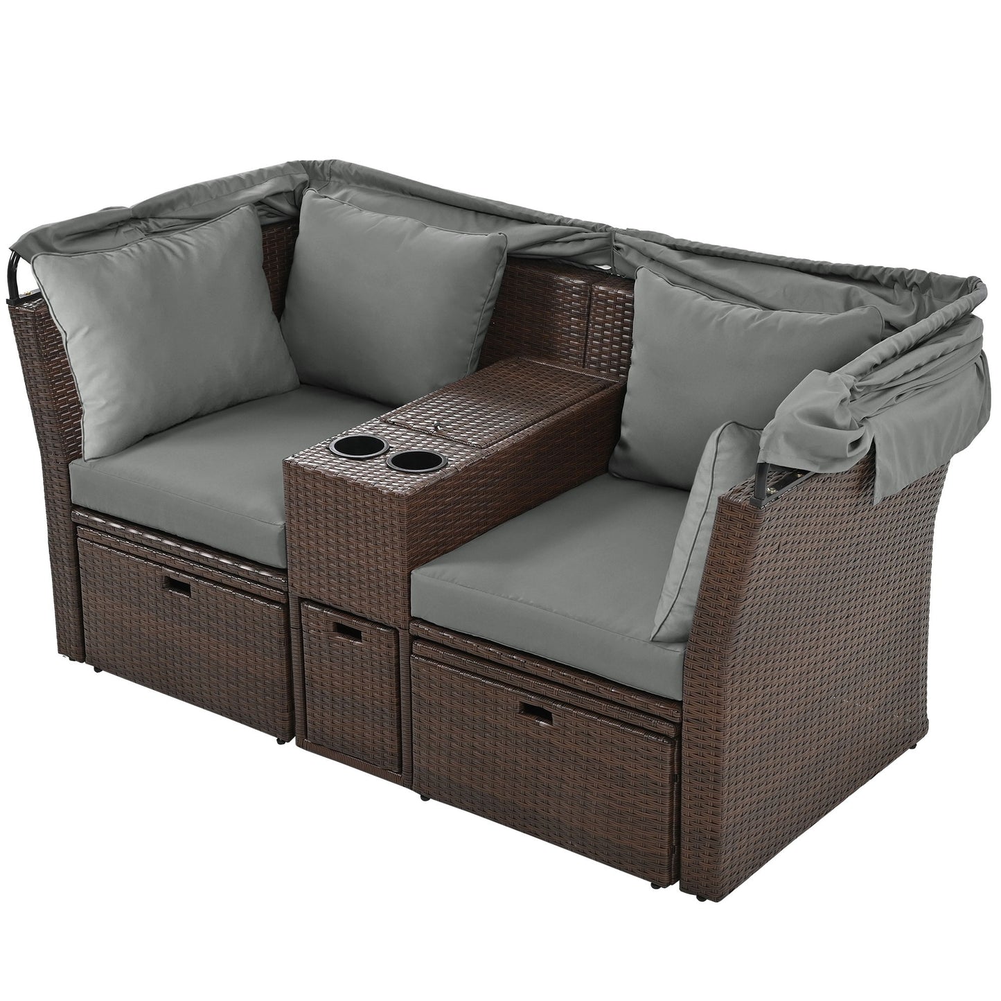 2 Seater Outdoor Patio Daybed Outdoor Double Daybed Outdoor Loveseat Sofa Set With Foldable Awning And Cushions For Garden, Balcony, Poolside - Gray