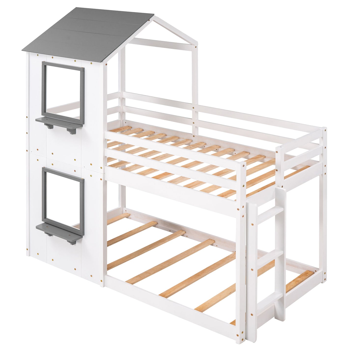 Twin Over Twin Bunk Bed & Roof, Window, Guardrail, Ladder - White
