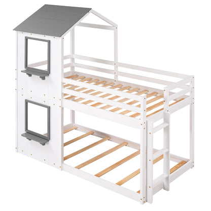 Twin Over Twin Bunk Bed & Roof, Window, Guardrail, Ladder - White