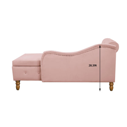 Chaise Lounge Indoor, Velvet Lounge Chair For Bedroom With Storage & Pillow, Modern Upholstered Rolled Arm Chase Lounge For Sleeping With Nailhead Trim For Living Room Bedroom Office - Pink