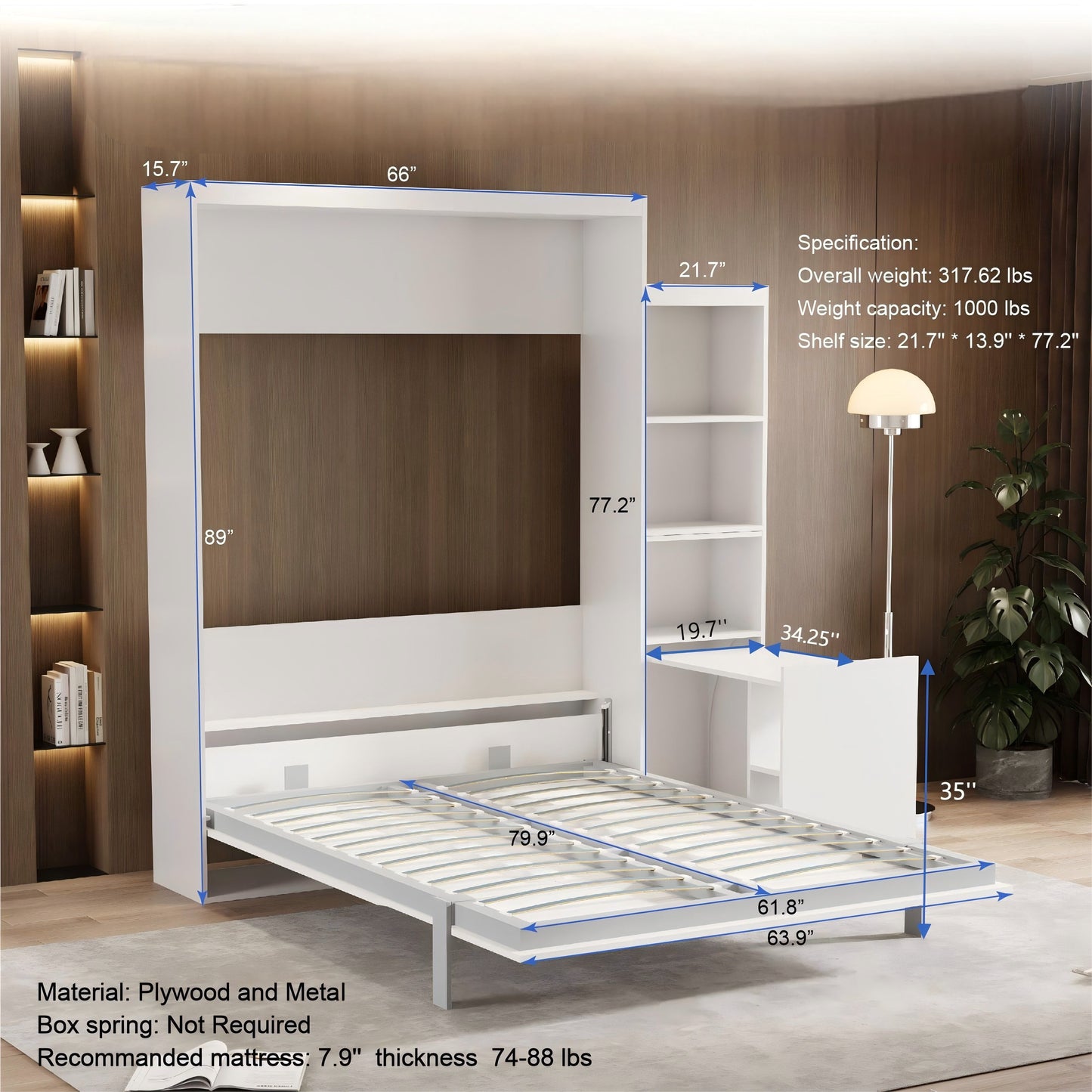 Queen Size Morden Deisgn Big Size Vertical Murphy Bed With Table And Shelf For Bedroom Or Guestroom Wall Bed Space Saving Hidden Bed With New Style Gas Struts - White