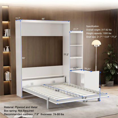 Queen Size Morden Deisgn Big Size Vertical Murphy Bed With Table And Shelf For Bedroom Or Guestroom Wall Bed Space Saving Hidden Bed With New Style Gas Struts - White