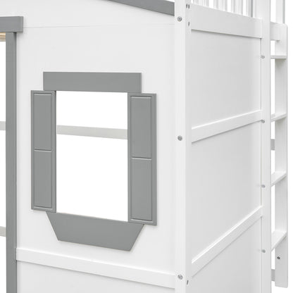 Full Size House Loft Bed With Ladder - White / Gray