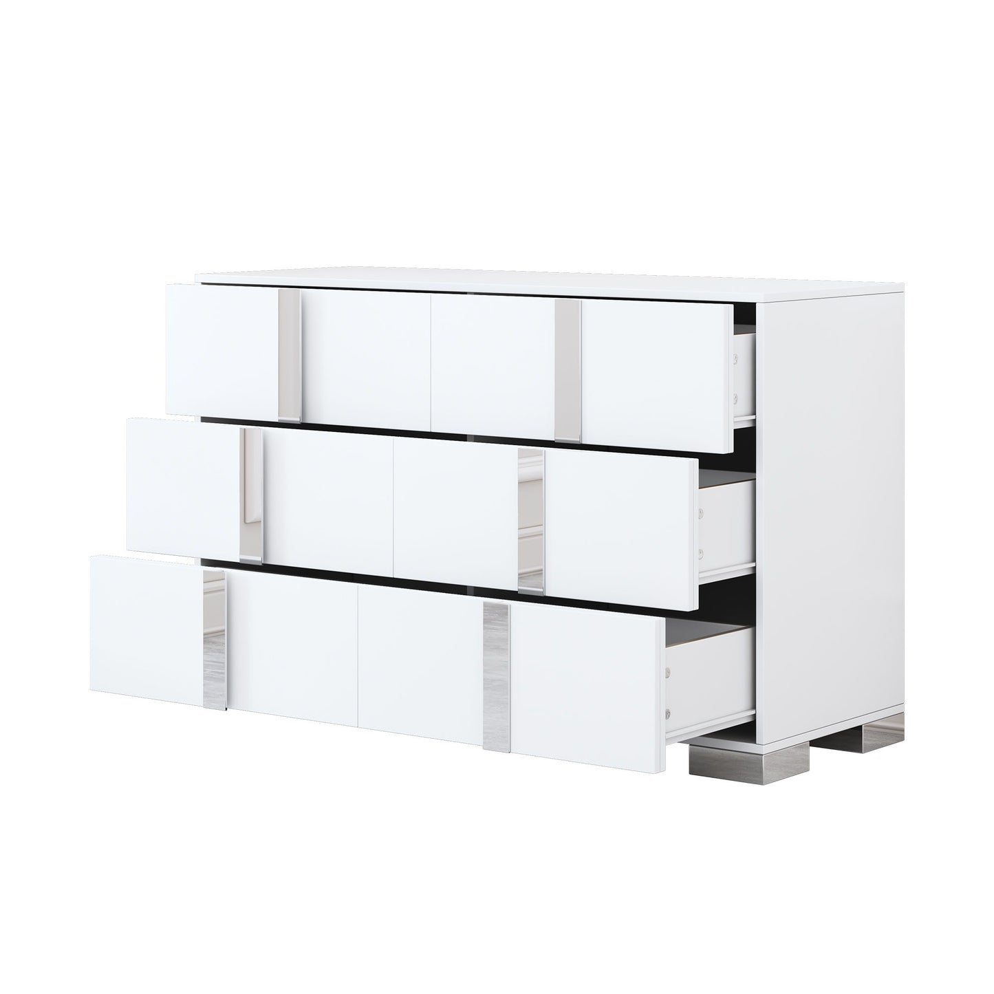 4 Piece Bedroom Sets Queen Size Upholstered Bed With LED Lights, Mirrored Nightstands And Dresser With Metal Handles And Legs - White