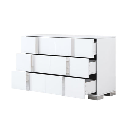 4 Piece Bedroom Sets Queen Size Upholstered Bed With LED Lights, Mirrored Nightstands And Dresser With Metal Handles And Legs - White