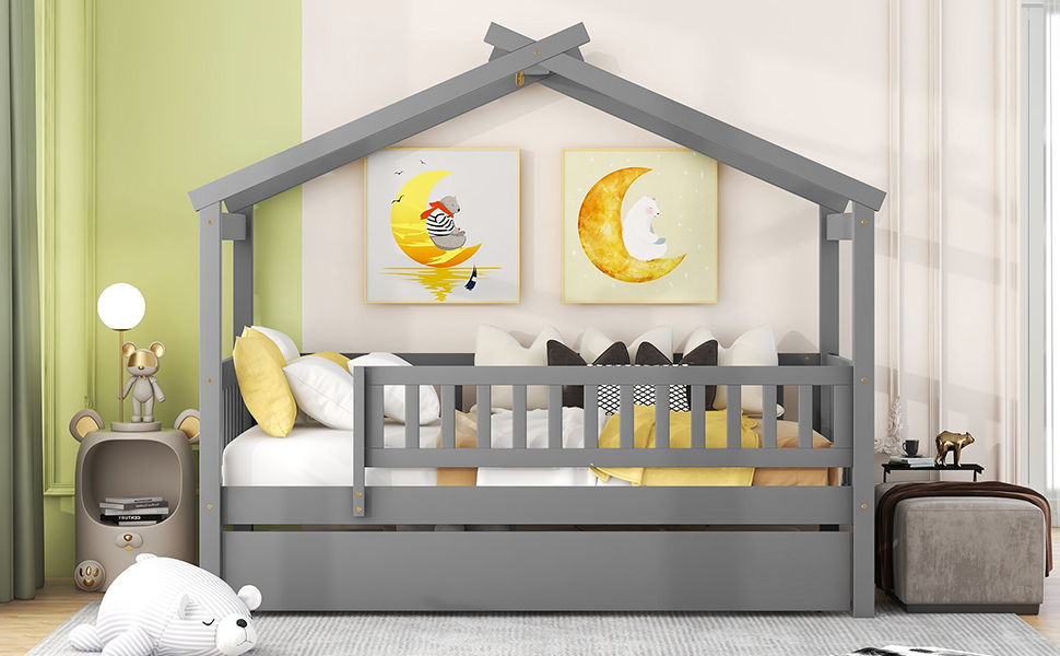 Twin Size House Bed & Twin Size Trundle - Gray