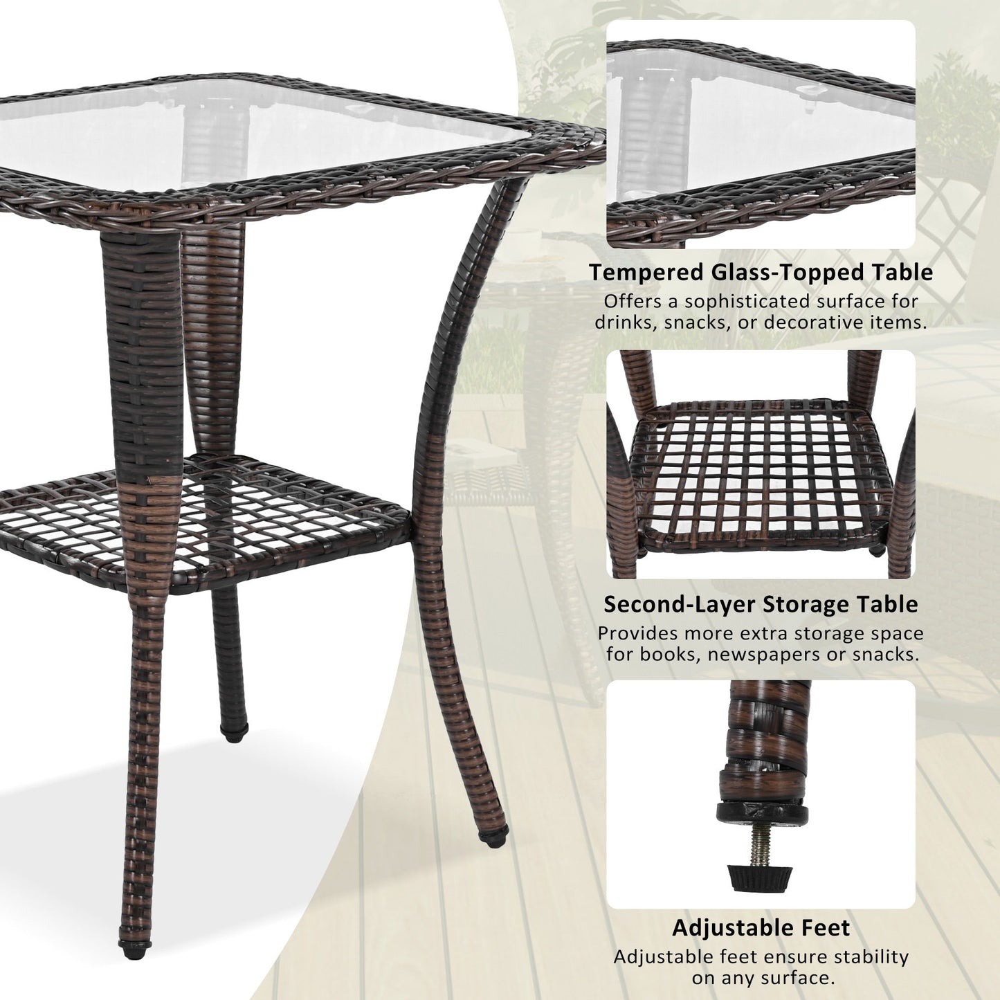 3 Piece Outdoor Chair & Table Set Chat Set 2 Person Rattan Seating Group With 2 Swiveling And Rocking Chairs And A Square Table For Garden, Patio, Or Balcony - Brown