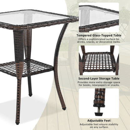 3 Piece Outdoor Chair & Table Set Chat Set 2 Person Rattan Seating Group With 2 Swiveling And Rocking Chairs And A Square Table For Garden, Patio, Or Balcony - Brown