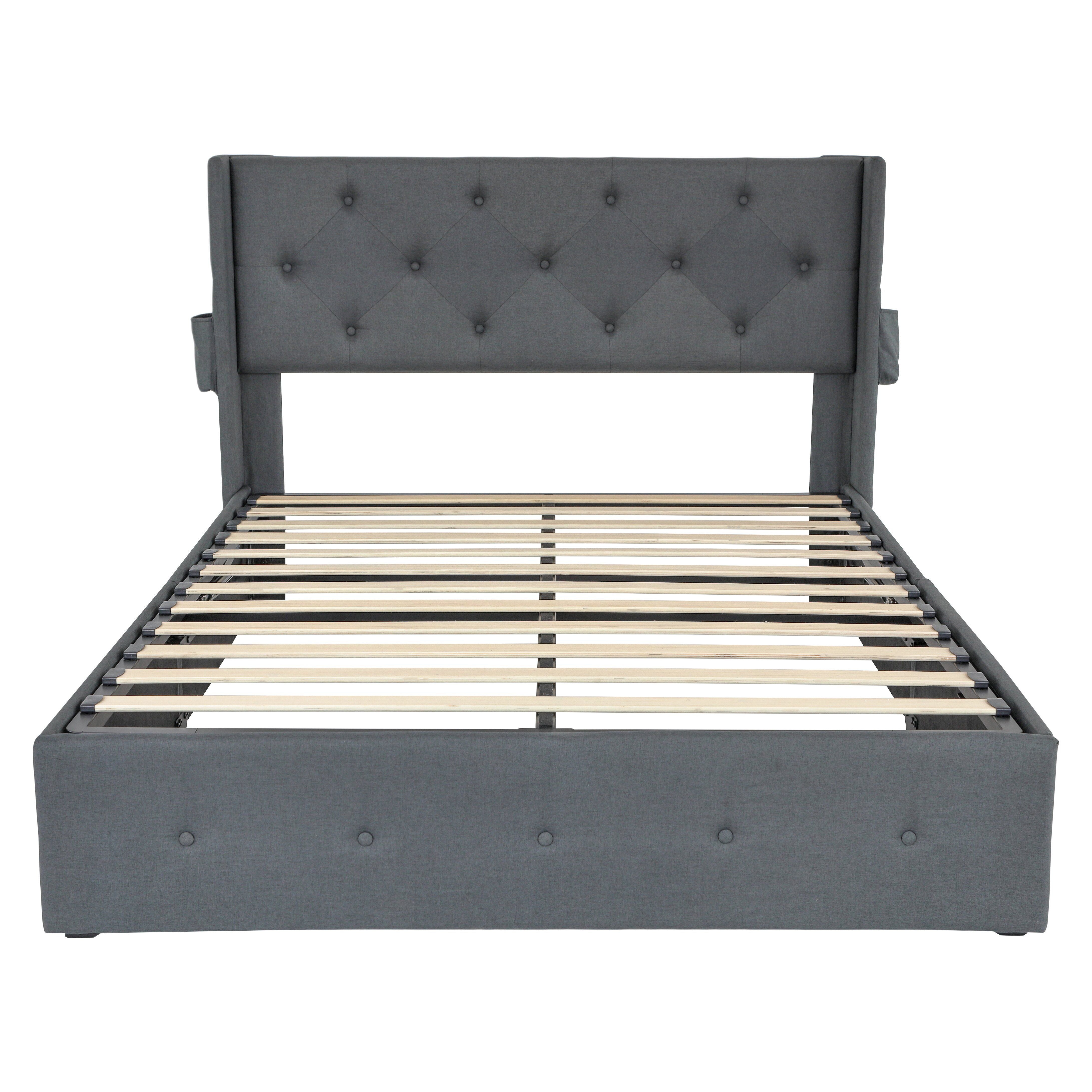 Modern Queen Size Bed Frame With Storage, Wingback Headboard, USB Ports - Dark Gray