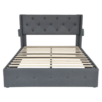 Modern Queen Size Bed Frame With Storage, Wingback Headboard, USB Ports - Dark Gray