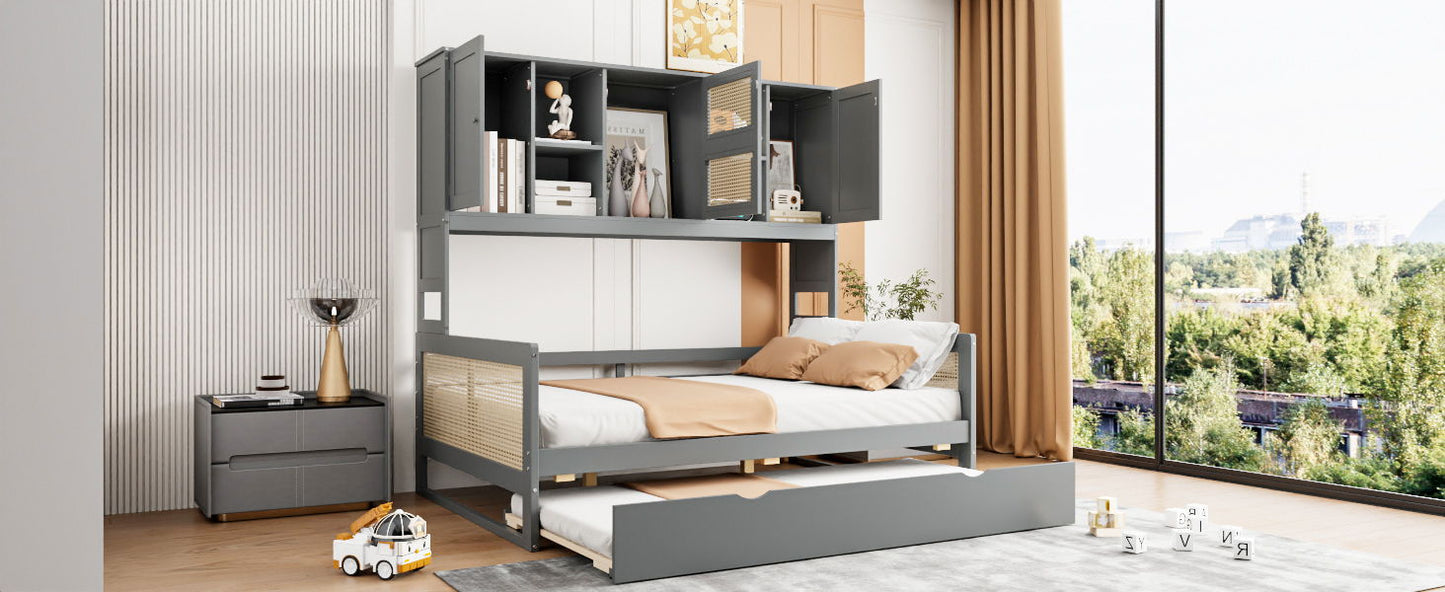 Full Size Wooden Daybed & Twin Size Trundle, And All In One Cabinet And Shelf - Gray