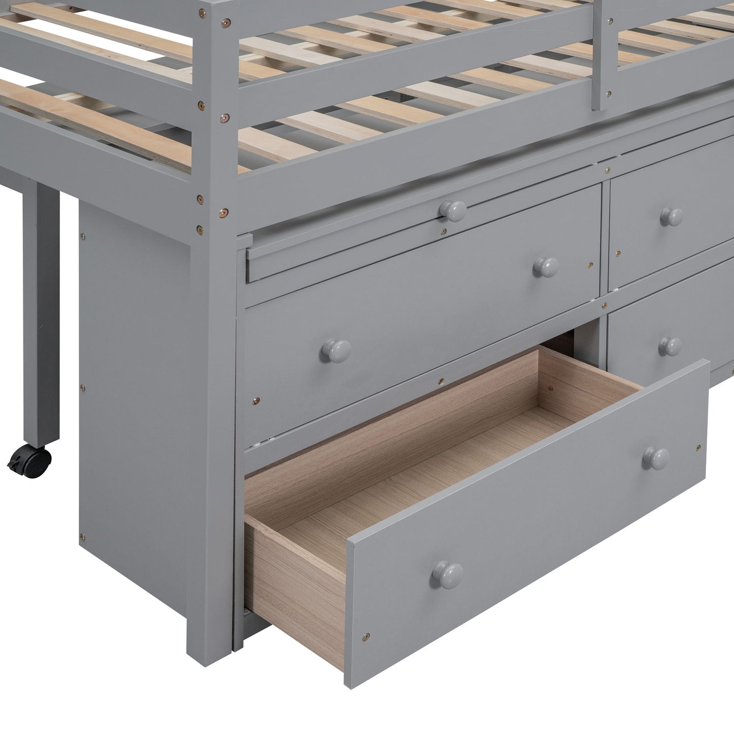 Full Size Loft Bed With Retractable Writing Desk And 4 Drawers, With Lateral Portable Desk And Shelves - Gray