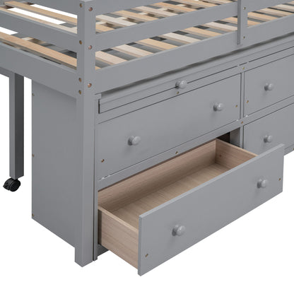 Full Size Loft Bed With Retractable Writing Desk And 4 Drawers, With Lateral Portable Desk And Shelves - Gray