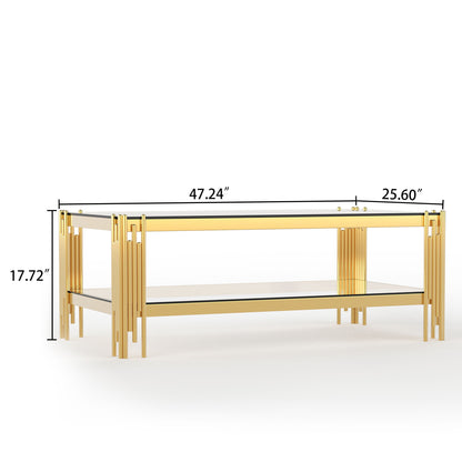 Top And Bottom Double Layer Tempered Glass Coffee Table And Mirror Finished Stainless Steel Frame - Gold