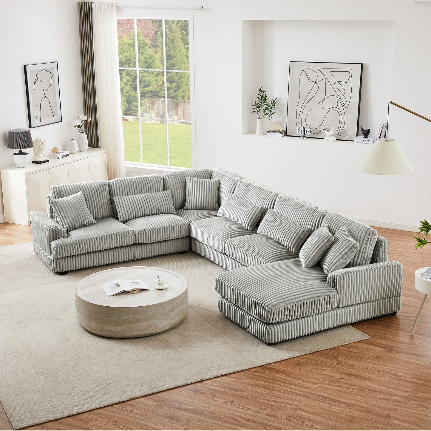 Oversized Sectional Sofa U - Shaped Sofa Couch Modern Sofa Upholstered In Soft Corduroy With A Chaise Lounge For Living Room - Gray
