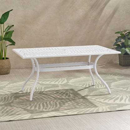 Celestine - Outdoor Cast Aluminum Dining Table With Floral Lattice Design And Umbrella Holder - White