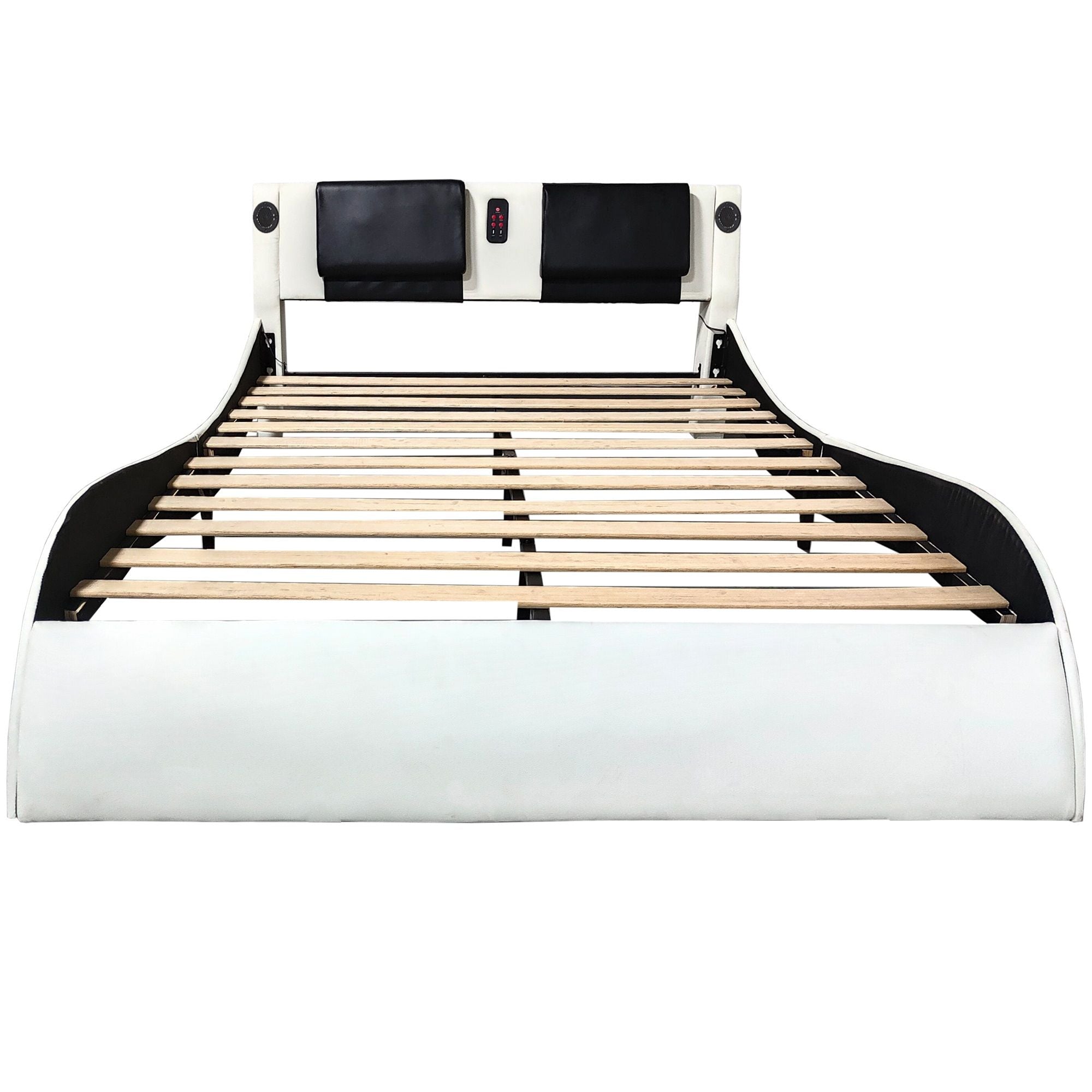 King Size Upholstered Platform Bed Frame With LED Lighting, Bluetooth Connection To Play Music Control, Backrest Vibration Massage, Curve Design, Wood Slat Support, Exhibited Speakers - White