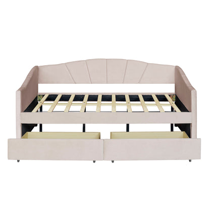 Twin Size Upholstered Daybed With Two Drawers And Slat - Beige