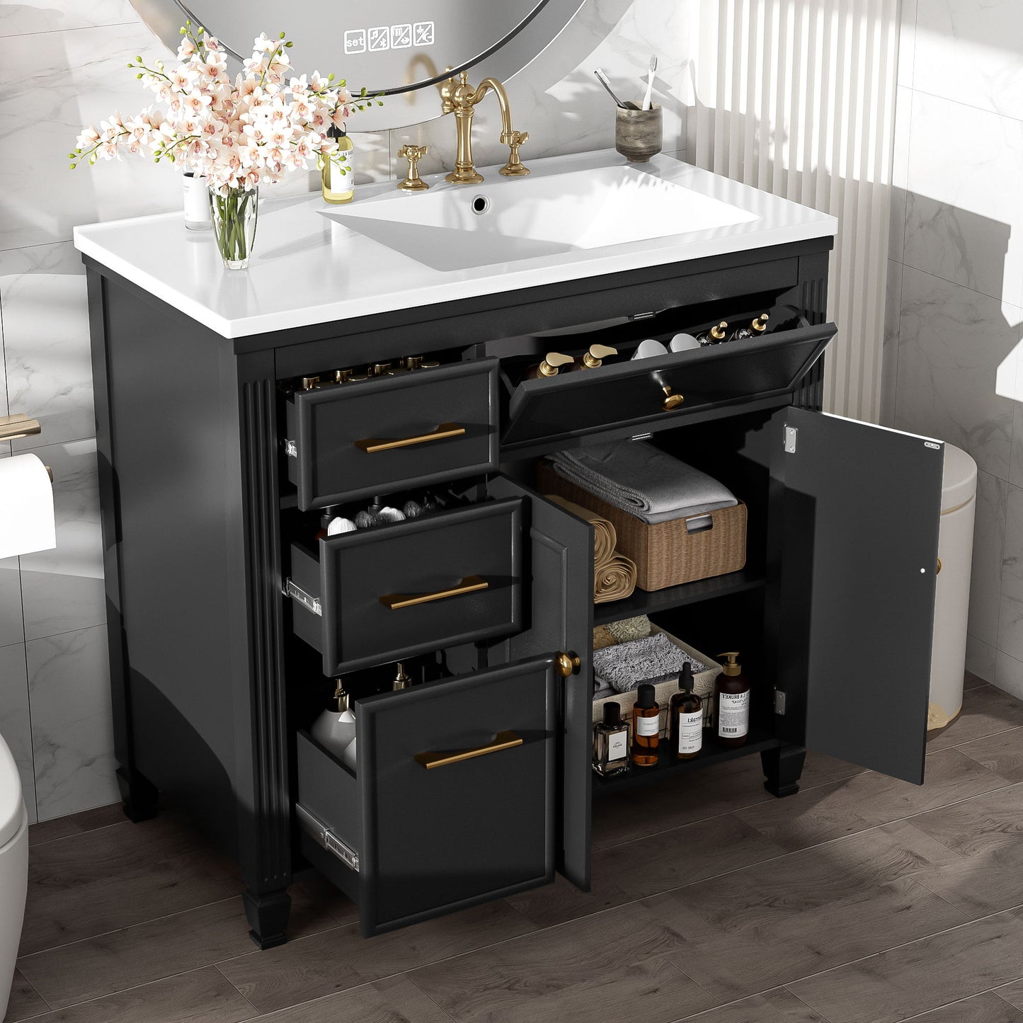 Modern Bathroom Vanity With Ceramic Sink, Freestanding, One Tip - Out Drawer, 3 Side Drawers, Adjustable Shelf - Beige