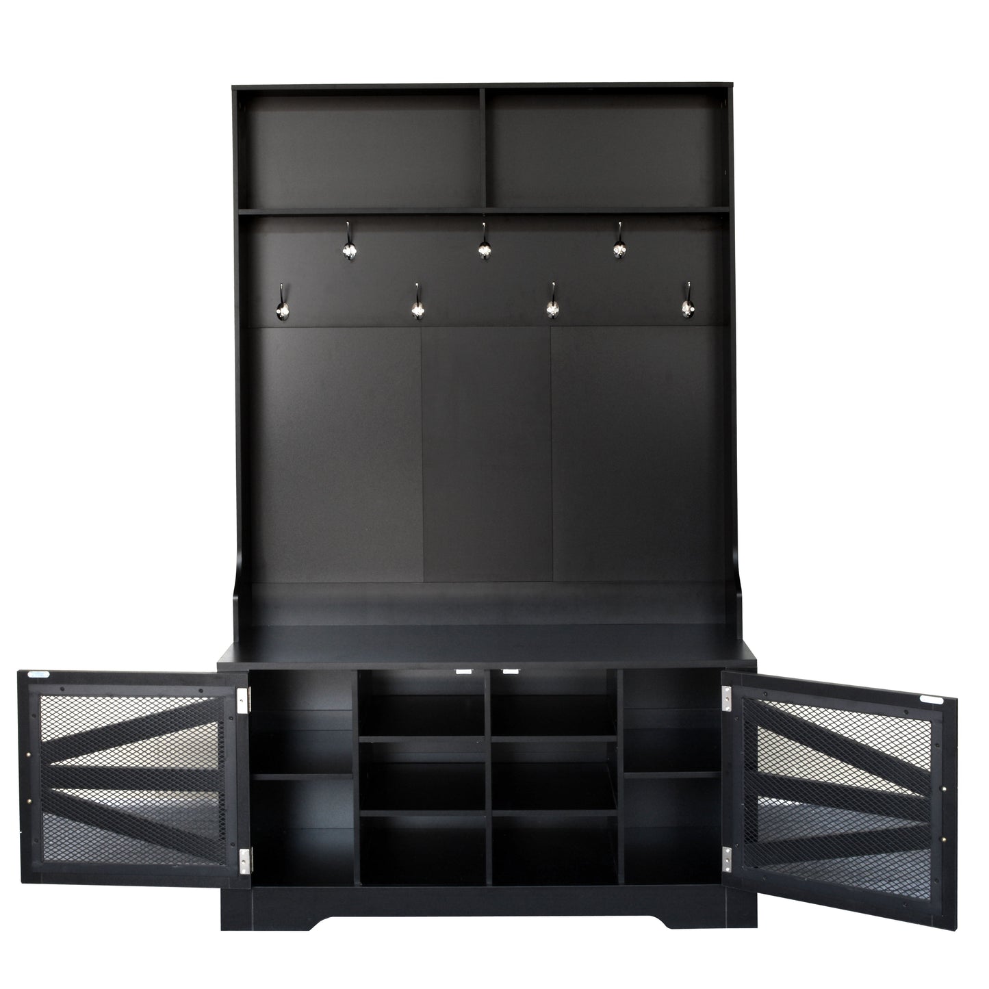 Entryway Bench With Coat Rack, 3 In 1 Design And Adjustable Shelves, Hall Tree With 7 Hooks For Entrance, Living Room - Black