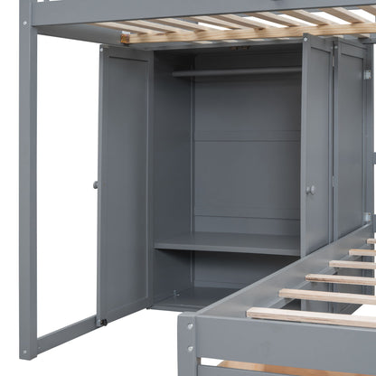 Full Over Twin Bunk Bed With Wardrobe, Drawers - Gray