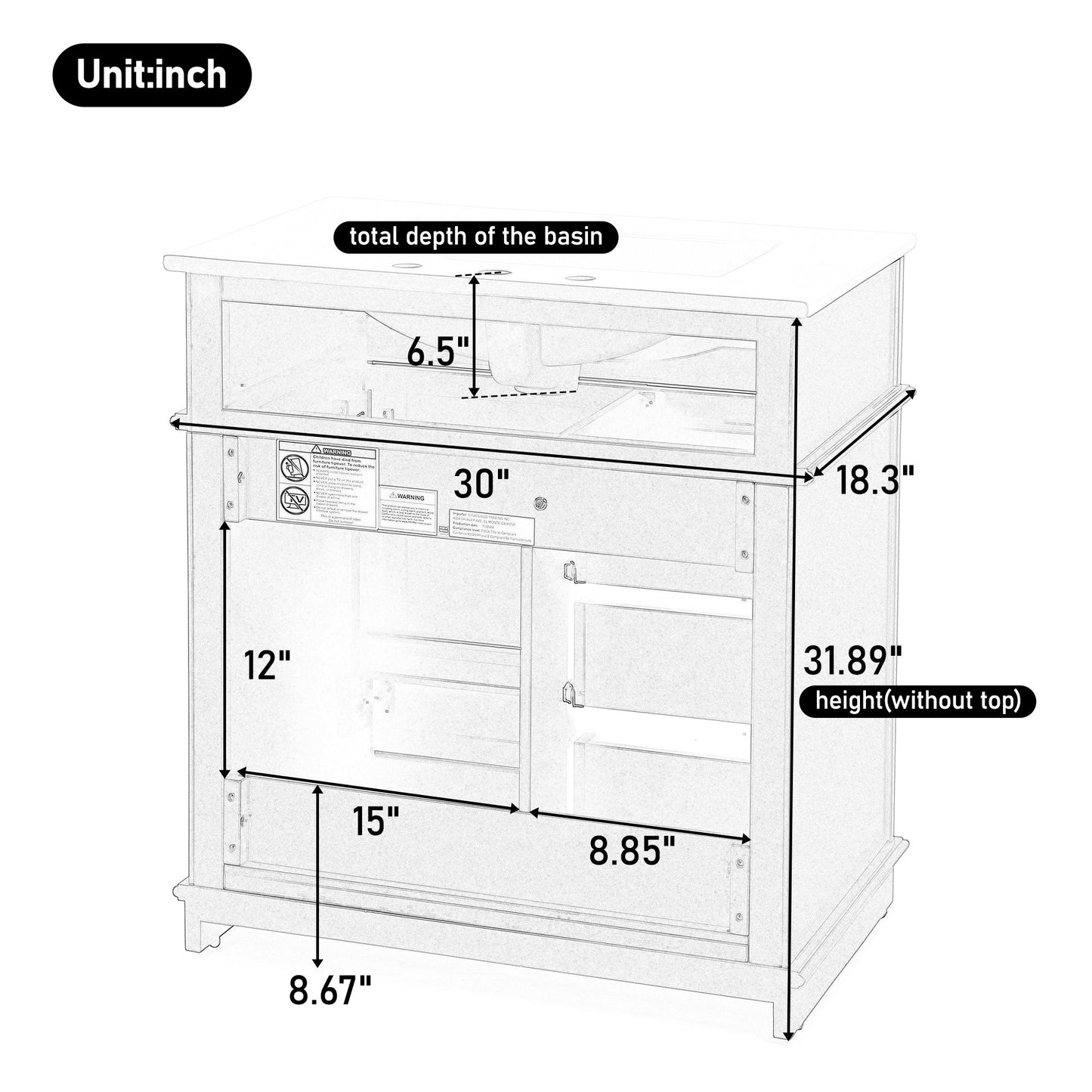 Freestanding 30" Bathroom Vanity With Sink, Soft Closing Door, Tip Out Drawer - White