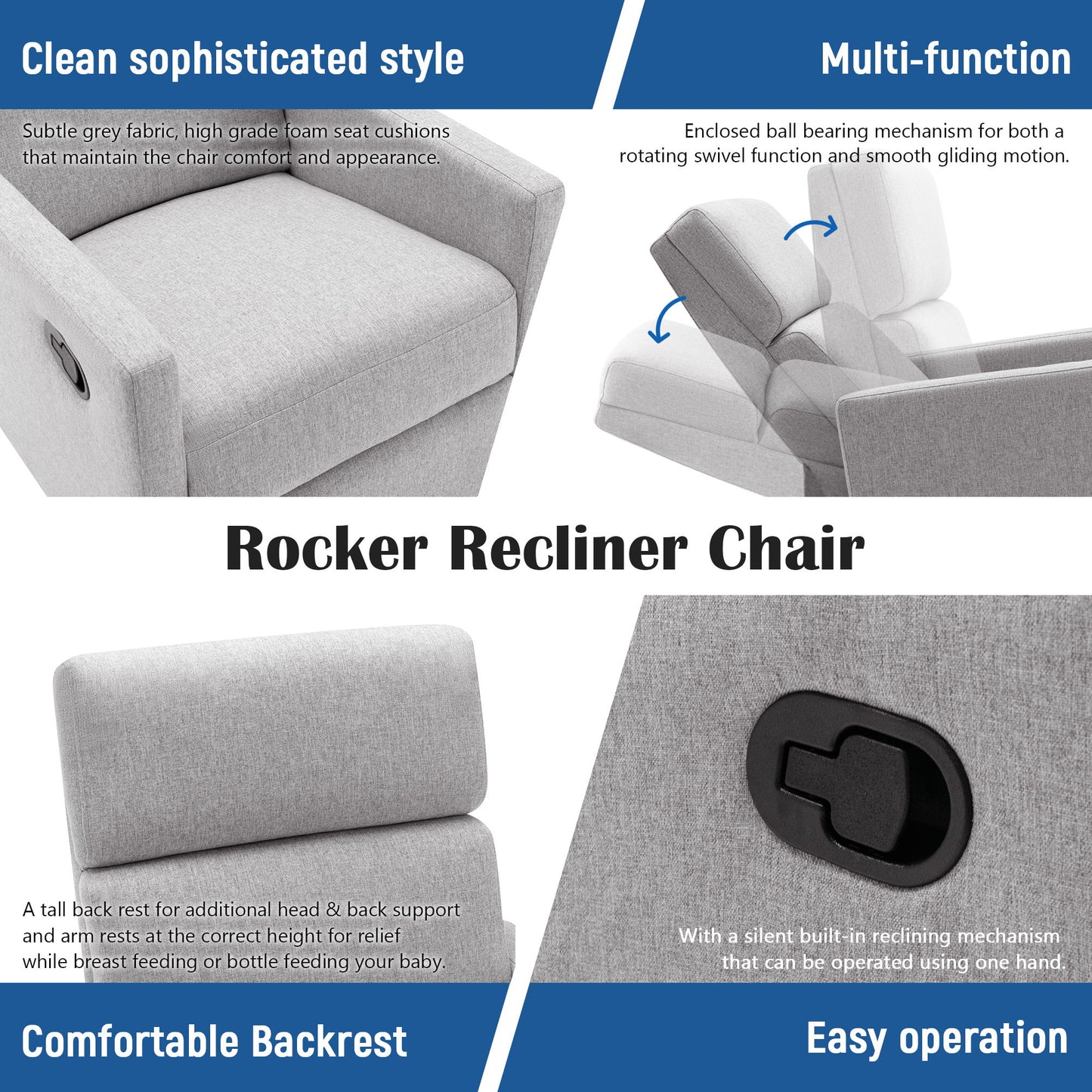 Modern Upholstered Rocker Nursery Chair Plush Seating Glider Swivel Recliner Chair - Gray