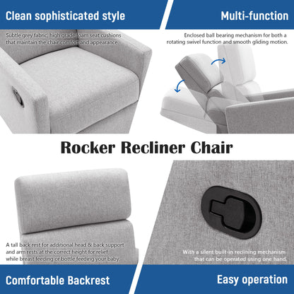 Modern Upholstered Rocker Nursery Chair Plush Seating Glider Swivel Recliner Chair - Gray