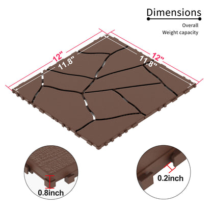 Stone Style 12" Patio Deck Tiles Diy Interlocking Floor Tiles, 44 Pieces - Red Brown