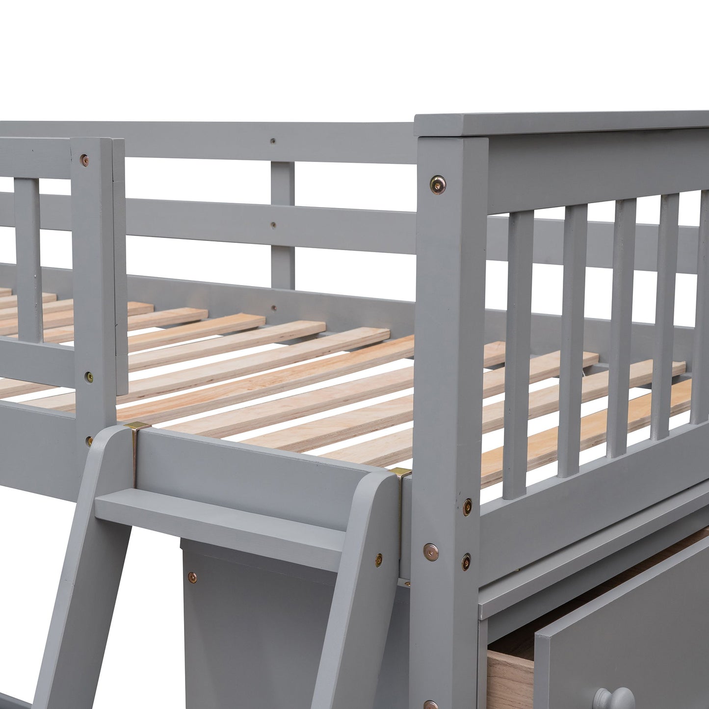 Twin Over Full Bunk Bed With 6 Drawers And Flexible Shelves, Bottom Bed With Wheels - Gray