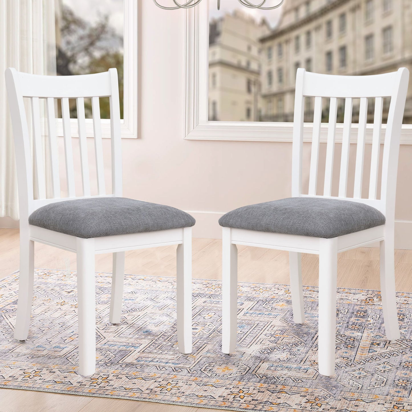 Dining Room Furniture (Set of 2) Chairs With Gray Cushioned Seats And Wooden Back - White - White