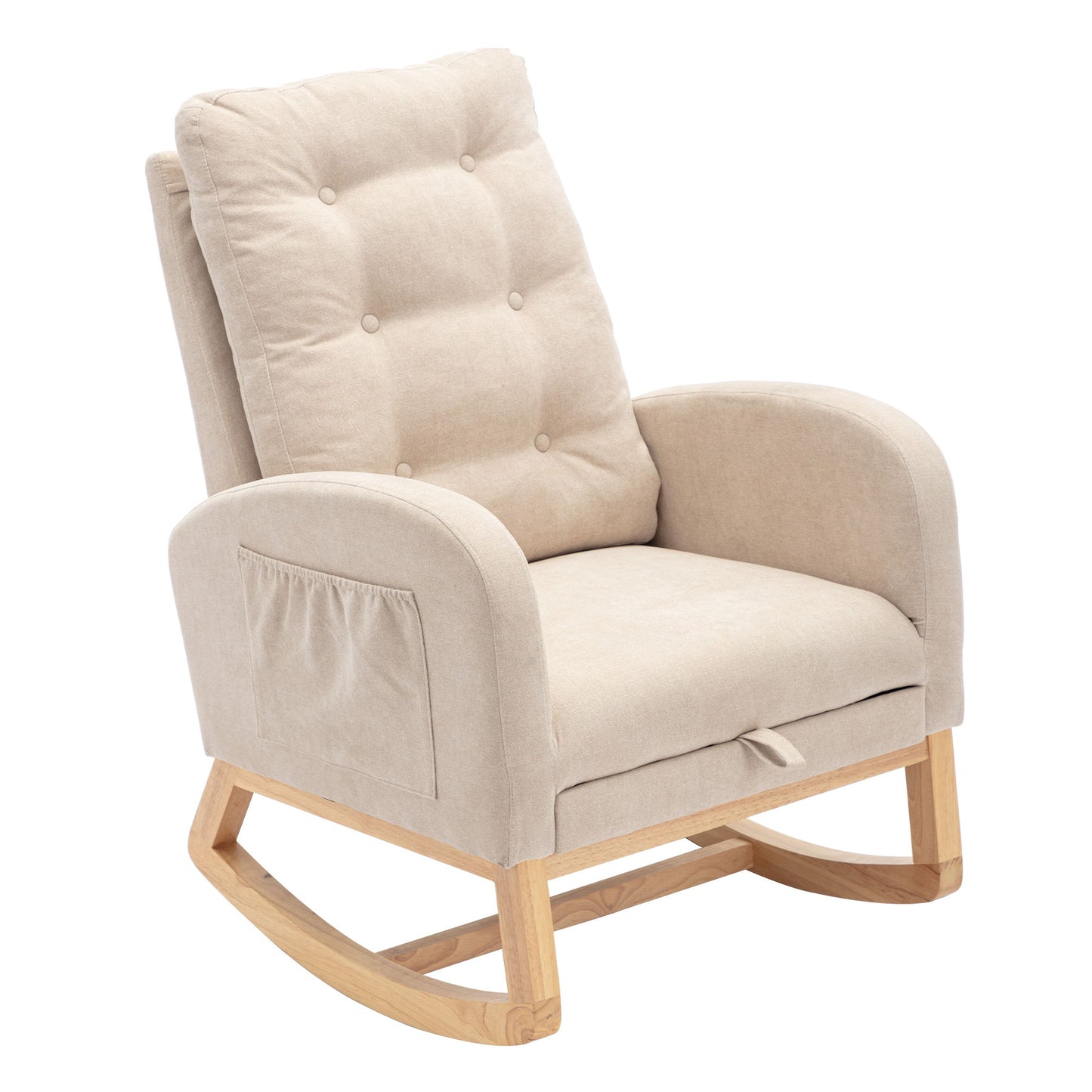 Accent Rocking Chair With Footrest High Back Rubber Wood Rocking Legs Bedroom Living Space - Beige