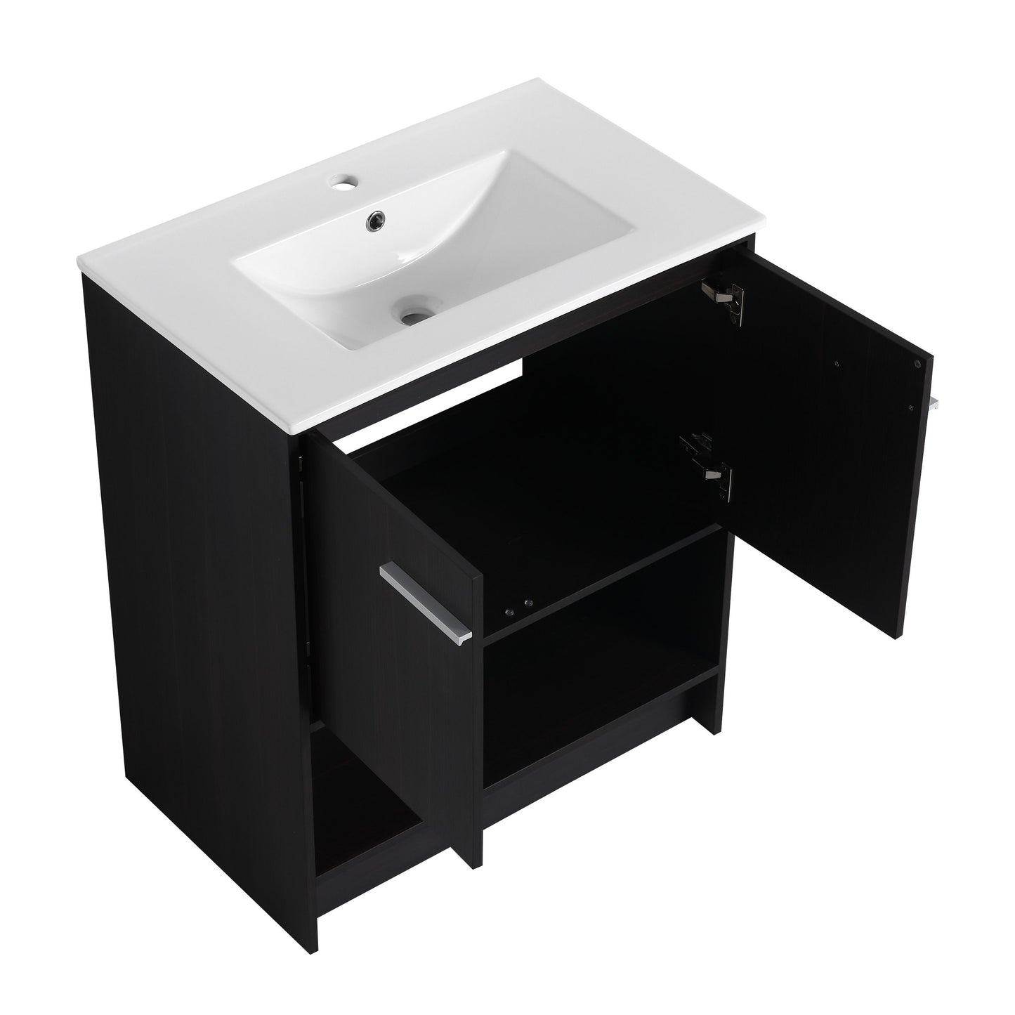 Modern Freestanding 30" Bathroom Vanity With Ceramic Sink, Soft Closing Doors Cabinet - Dark Oak