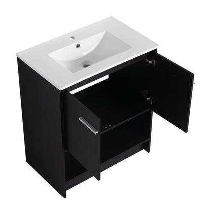 Modern Freestanding 30" Bathroom Vanity With Ceramic Sink, Soft Closing Doors Cabinet - Dark Oak