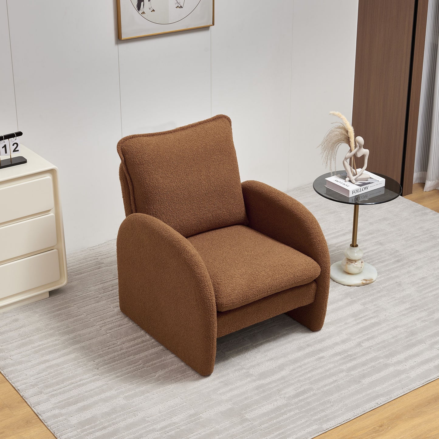 Modern Sherpa Upholstered Accent Chair, Comfortable Living Room Armchair, Lounge Chair For Bedroom, And Office - Orange