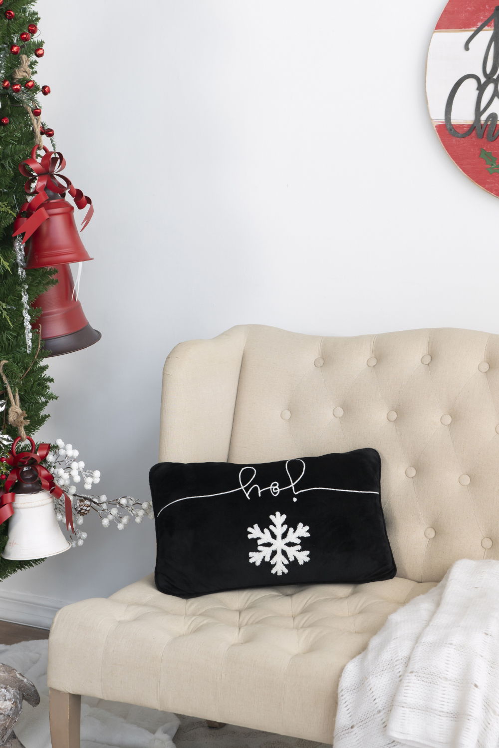 Velvet Pillow With Embroidered Joy And Frosty Snowflake, For Christmas Halloween Holiday Decor (Set of 2) - Black White