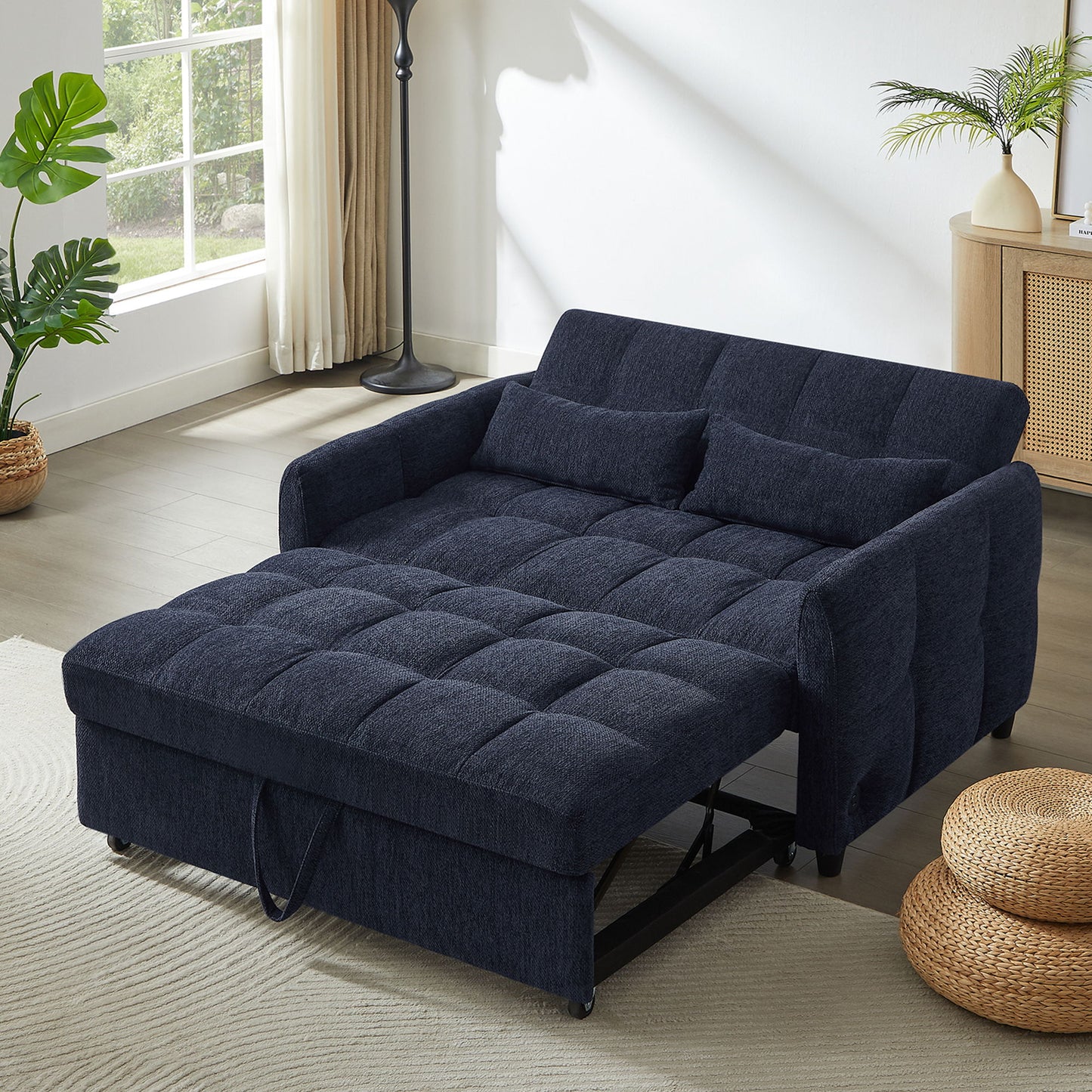 Loveseat Sofa Pull Out Sofa Bed Tufted Sleeper Sofa With An Adjustable Backrest, 3 USB Ports And 2 Lumbar Pillows For Living Room - Blue