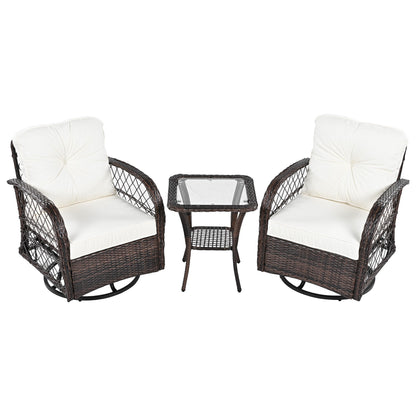 3 Piece Outdoor Chair & Table Set Chat Set 2 Person Rattan Seating Group With 2 Swiveling And Rocking Chairs And A Square Table For Garden, Patio, Or Balcony - Brown