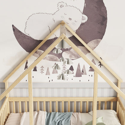 Full Wood House-Shaped Floor Bed With Fence, Guardrails - Natural