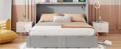 Full Size Murphy Bed With Drawer And A Set Of Sockets & USB Ports, Pulley Structure Design - Gray