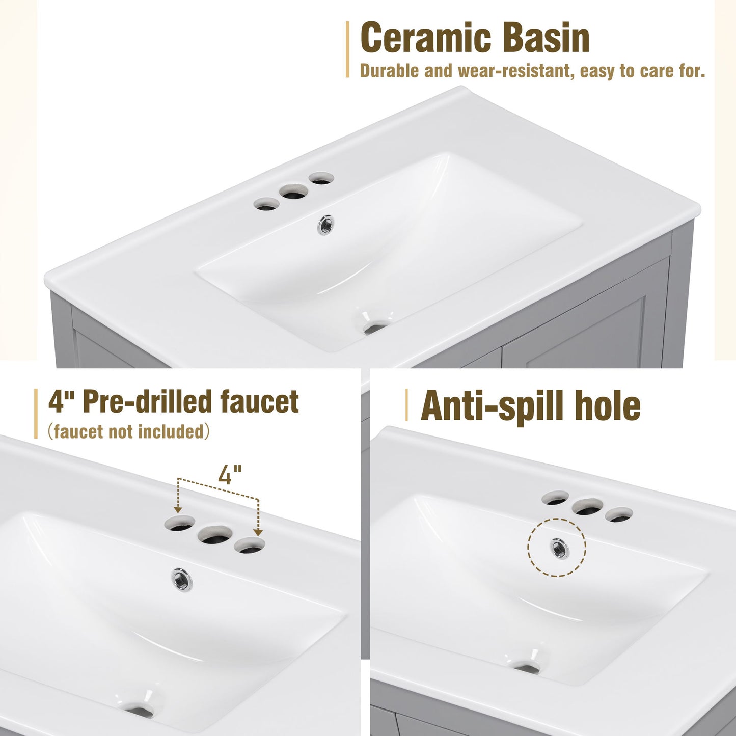 Bathroom Vanity With Single Sink, Combo Cabinet Undermount Sink, Bathroom Storage Cabinet With Two Doors And A Drawer, Soft Closing, Multifunctional Storage, Solid Wood Frame - Gray