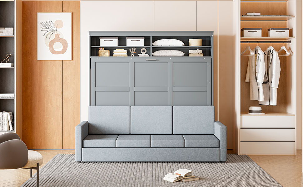 Queen Size Murphy Wall Bed With Sofa - Gray