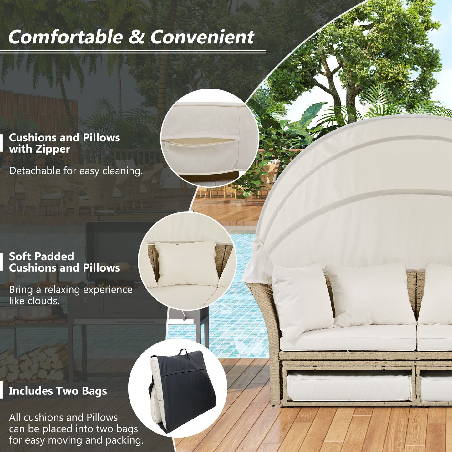 Outdoor Patio Daybed Wicker Rattan Double Daybed Round Sofa Furniture Set With Retractable Canopy, 4 Pillows For Lawn Garden Backyard Porch Pool - Beige