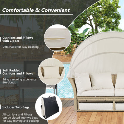 Outdoor Patio Daybed Wicker Rattan Double Daybed Round Sofa Furniture Set With Retractable Canopy, 4 Pillows For Lawn Garden Backyard Porch Pool - Beige