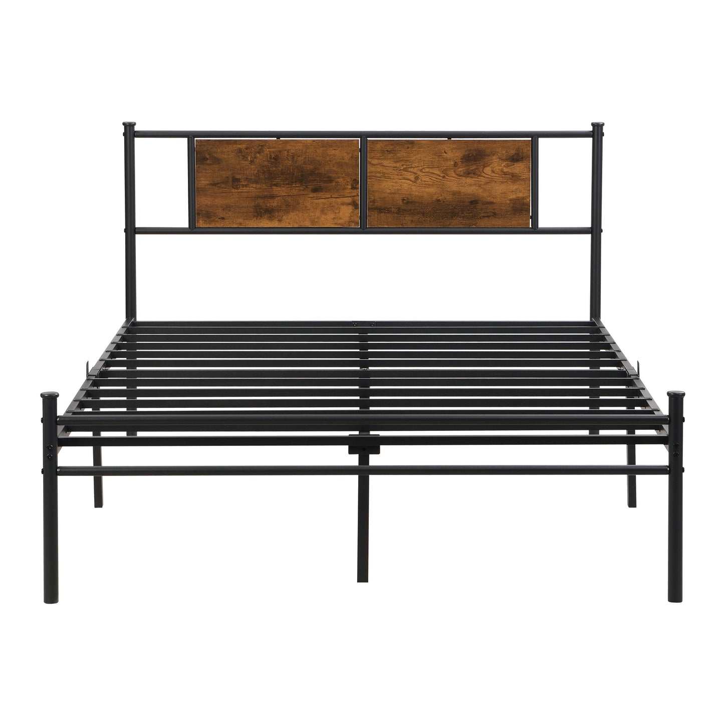 Queen Size Modern Metal Bedframe With Headboard, Durable Steel Structure - Black / Brown