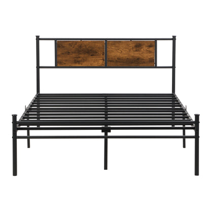 Queen Size Modern Metal Bedframe With Headboard, Durable Steel Structure - Black / Brown