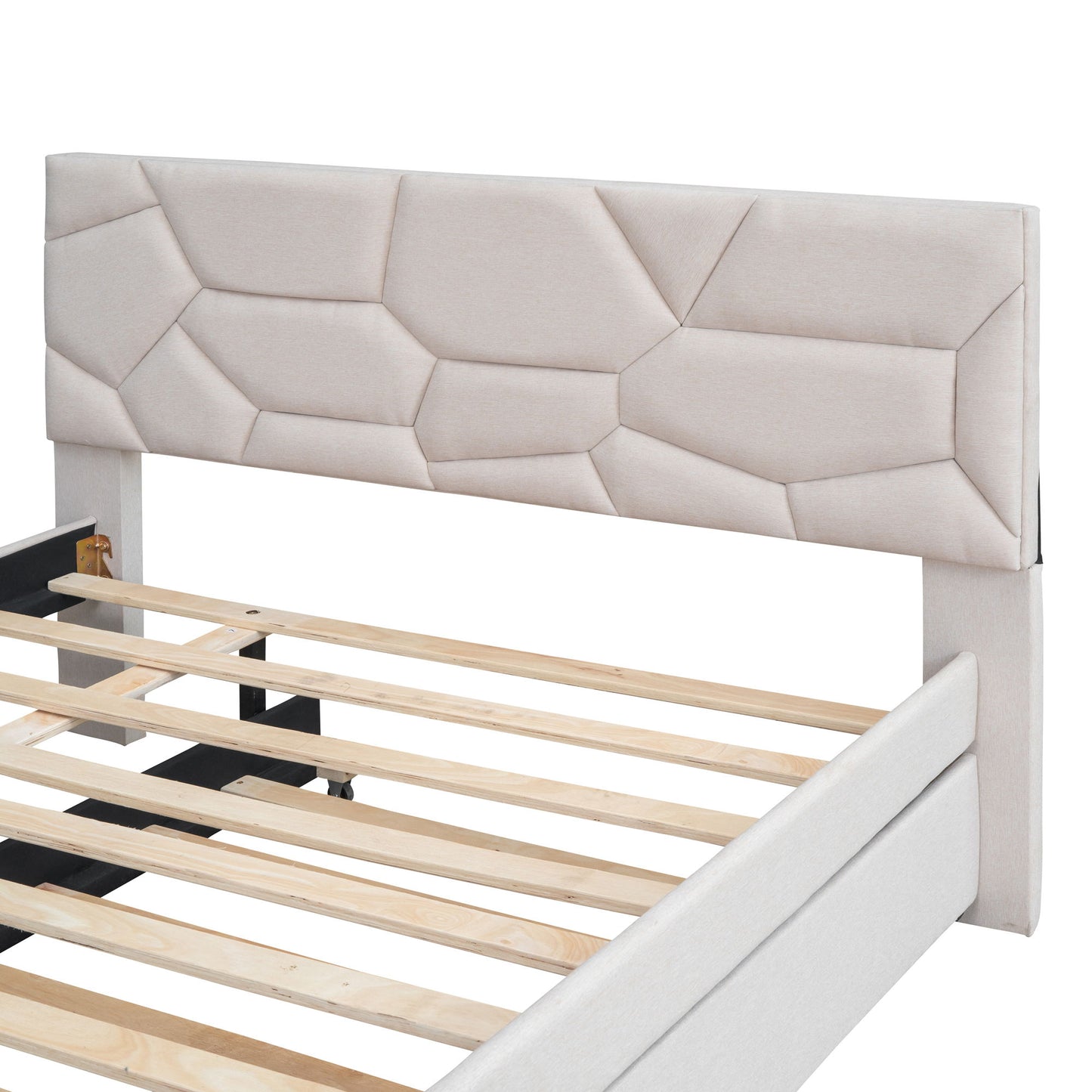 Full Size Upholstered Platform Bed With Brick Pattern Headboard And Twin Size Trundle - Beige
