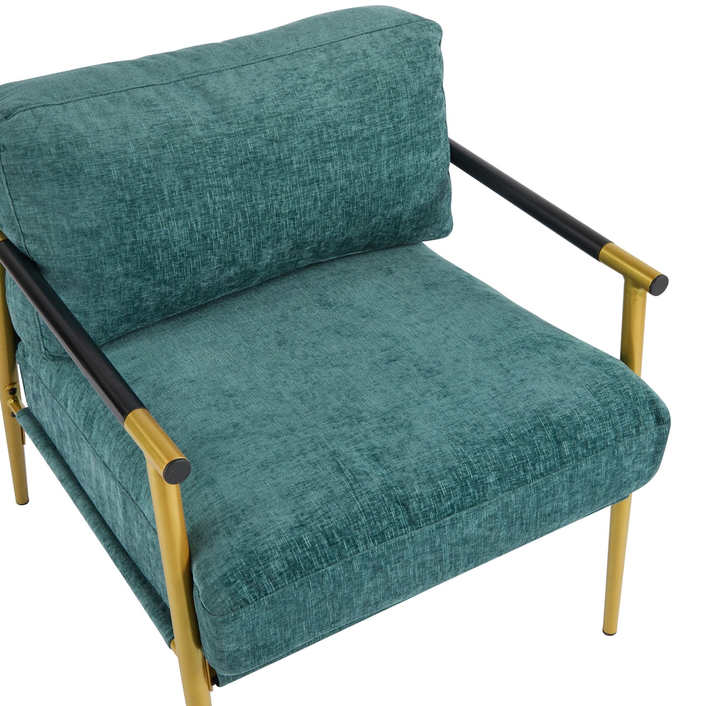 Modern Accent Chair With Plush Cushions, Metal Frame, Wooden Armrests Cozy Seating For Living Room, Bedroom, Office - Gold / Teal Blue